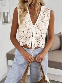 Pariaura Women's Lace Hollow Embroidered Sleeveless Elegant Top Clothes For University - Apricot - View 4