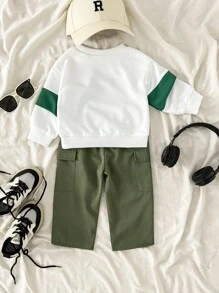 SHEIN Playful Pals 2pcs/Set Infant Baby Boy White Knit Sweatshirt With Green Color Block & Letter Print Long Sleeve Top & Military Green Elastic Waist Pocket Woven Pants, Fits 6 Months To 2-3 Years Old Baby Boy Brooklyn Outfit Baby Boy Casual Outfit Baby Boy Outfit Set Baby Boy Clothes Baby Boy Cargo Pants Set Baby Boys Outfit Baby Boy Sweatsuit, Outfit, Infant Qutfits, Tracksuits, Infant Boy Winter Clothes Set, Baby Boy Cargo Pants Baby Boy Sweatshirt Outfit Boys Green Pants Fall - Multicolor - View 2