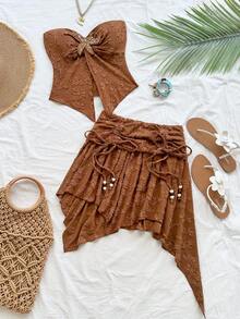 Soleia Women's Brown Music Festival Party Sexy Cowgirl Style Beach Casual Drawstring Waist Asymmetric Ruffle Hem Mini Skirt And Top Y2K Outfit Brown Two Piece Set Boho Two Piece Set Beach Skirt Set Earthy Two Piece Set Asymmetrical Skirt Set,Winter Set ,Fall Outfits For Women ,Halloween Costume For Women,Women's Set, Havana Nights Outfit Earthy Tops,Party