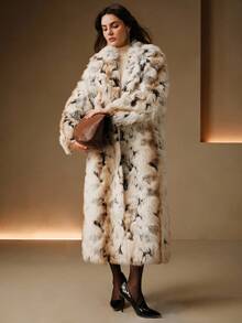 Anewsta Women's Fashion Long Sleeve Leopard Print Long Faux Fur Coat - Beige - View 3