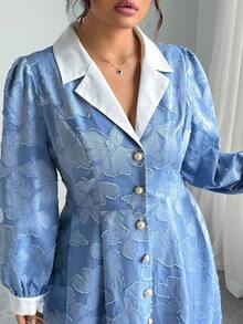 Elenzga 大码女式法式休闲提花长袖连衣裙蓝色碎花连衣裙纽扣连衣裙翻领连衣裙女式连衣裙 - 淺藍色 - 查看 1