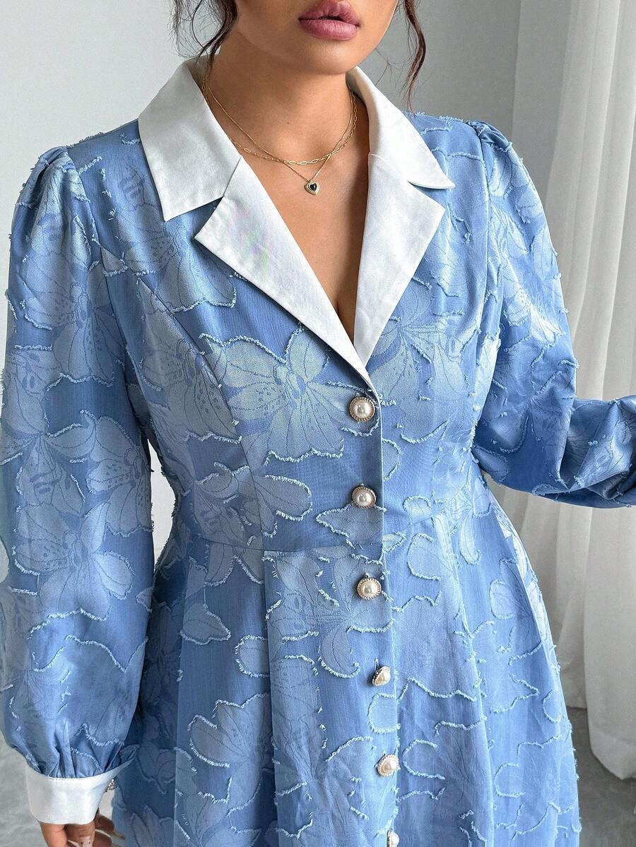 Elenzga 大码女式法式休闲提花长袖连衣裙蓝色碎花连衣裙纽扣连衣裙翻领连衣裙女式连衣裙 - 淺藍色 - 查看 1