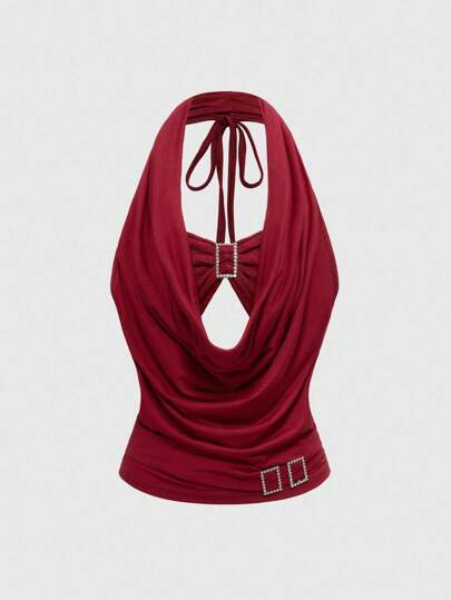 J-Fashion Top de mujer con cuello en V profundo y cintura fruncida, estilo retro Y2K 2 en 1