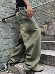 Manfinity EMRG 男士休闲宽松口袋牛仔裤 - 綠色 - 查看 4