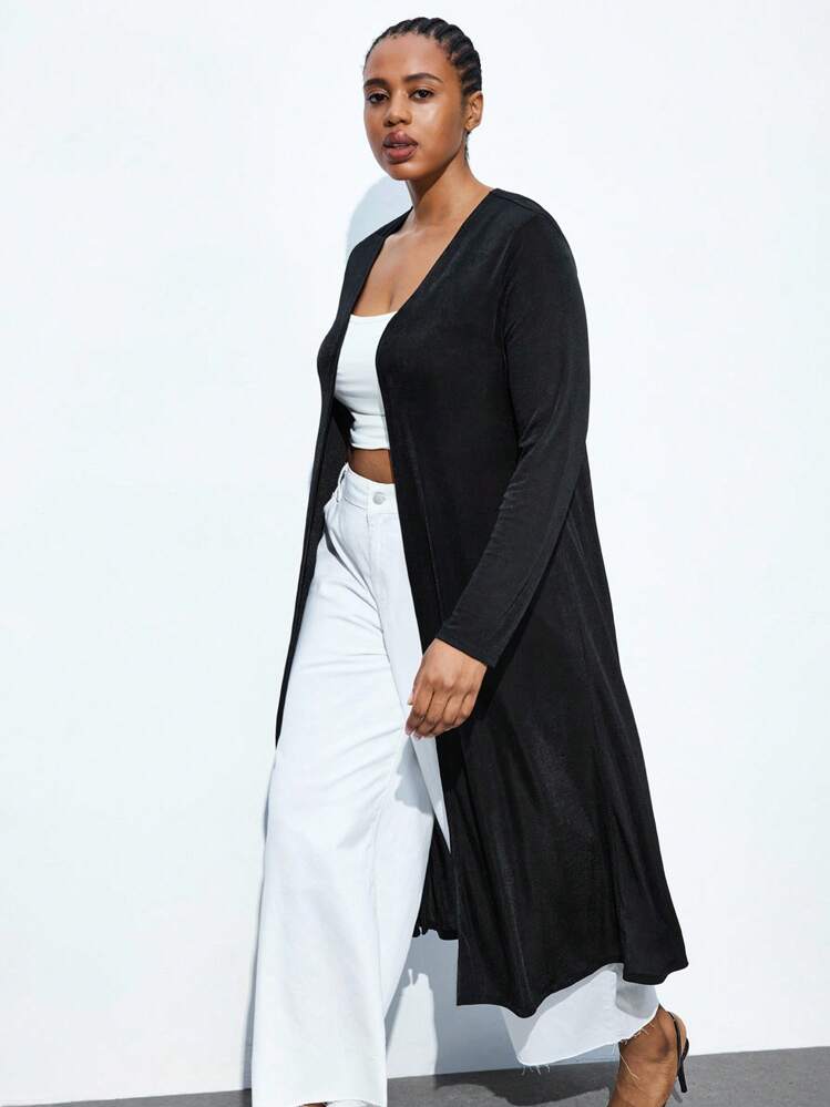 Maija 大码女式秋季长款开襟针织外套，休闲办公商务风，简约优雅时尚，百搭舒适，时尚优雅，休闲百搭，日常必备，黑色 - 黑色 - 查看 5