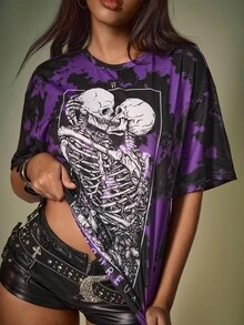 Y2Kool Deniart 女式宽松扎染骷髅印花 T 恤，万圣节秋季休闲上衣，适合派对、节日、度假图案 T 恤女式超大号垃圾摇滚衬衫哥特衬衫骷髅衬衫骨架衬衫 Y2K 服装 - 紫色 - 查看 4