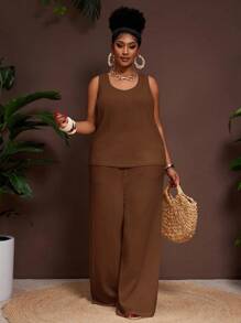 Slaydiva 2025 Neue Frühling/Sommer Damen Große Größen Vintage Western/Tropical/Musik Festival/Club/Roadtrip//Lässige Straße/Stadt Urlaub/Abschlussfeier Outfit 2-teiliges Set - Ärmellose Bluse mit U-Ausschnitt und strukturierter transparenter Bluse mit elastischer Taille und weite Hose - Braun - Übersicht 5