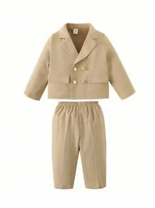2 pezzi/Set Outfit da Gentiluomo per Bambino, Giacca Kaki con Decorazione a Fiore sul Petto e Pantaloni, Comodo, Versatile, Stile Britannico Classico Retrò, Adatto per Interno, Esterno, Quotidiano, Sport, Gioco, Festa, Servizio Fotografico, Vacanza, Festival, Matrimonio, festa di nascità, Elegante, Invitato a Matrimonio, Paggetto, Anello Ragazzo Outfit da Matrimonio Formale per Bambino Maschio Beige, in Autunno/Inverno - Cachi - Visualizzare 5