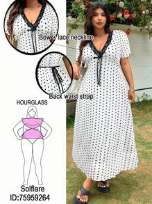 SHEIN EZwear 大码波尔卡圆点印花蕾丝边休闲连衣裙 - 白色 - 查看 1