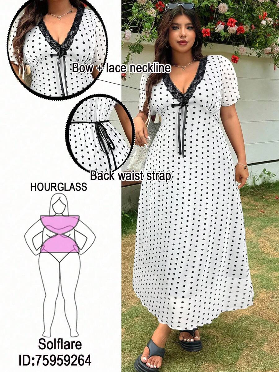 SHEIN EZwear 大码波尔卡圆点印花蕾丝边休闲连衣裙 - 白色 - 查看 1