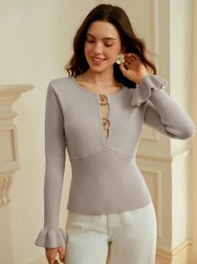 Omancia Women's Metal Ring Floral Trim Flare Sleeve Fitted Stylish Elegant Knit Top, Suitable For Thanksgiving, Autumn/Winter Fall Cloth For Women - Khaki - View 5