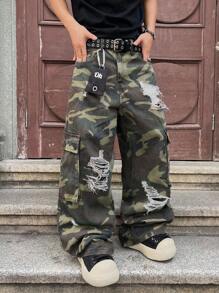 Manfinity EMRG 大码男士街头风格破洞迷彩印花宽松牛仔裤，Emo 风格 - 軍綠色 - 查看 5