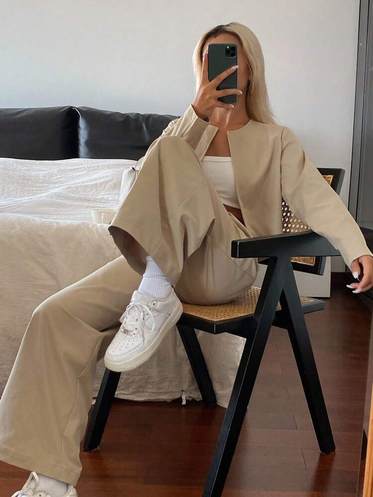 2pcs Set: Collarless Blazer & Wide Leg Pants,Fall Women Clothes