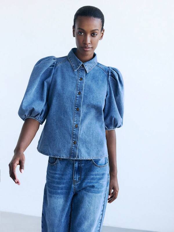 Maija Women's Blue Denim Top With Puff Sleeves, French-Style Office Wear Fall Clothes Puff Sleeve Top