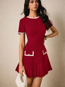 Poéselle 女士优雅纯色荷叶边下摆中长连衣裙，夏季 - 酒紅色 - 查看 5