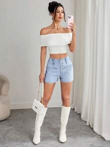 Elenzga 女式条纹纽扣高腰牛仔短裤 - 淺色水洗藍 - 查看 6