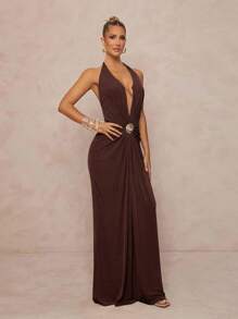 Lumalex Metallic Vacation Beach Music Festival Halter Neck Elegant Deep V Elastic Beautiful Women Dress Formal Dresses For Wedding Guest - Coffee Brown - View 6