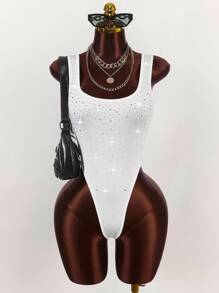 Amplova Rhinestone Embellished Sexy Bodysuit For Women, Party Wear White Bodysuit - Multicolor - View 8