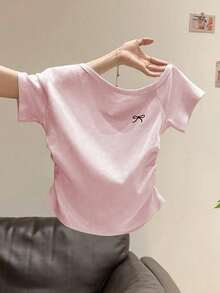 INAWLY 女式夏季新款性感不对称领口蝴蝶结刺绣荷叶边修身露肩T恤 - 粉色 - 查看 2