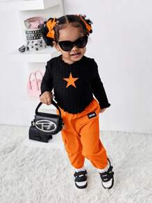 Bubblio Babygirl Cute Black Star Pattern Long Sleeve Top With Elastic Waist Orange Pants 2-Piece Set, Fashionable Outfit For Outings, Autumn/Winter Toddler Orange Outfit Baby 70s Outfit Groovy Toddler Outfit Toddler Black Top Orange Pants Baby Girl Outfits Fall - Multicolor - View 3