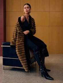 MOTF PREMIUM CONTRAST TRIM SNAP BUTTON FAUX FUR COAT - Brown - View 2