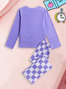 HELLO KITTY AND FRIENDS | SHEIN 2 件套女童可爱卡通格纹圆领长袖上衣和宽松休闲针织裤睡衣套装 - 紫色 - 查看 2