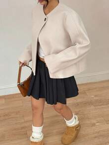 SHEIN PETITE Woolen Round Collar Short Coat Suitable For Autumn And Winter Cropped Blazer - Beige - View 2