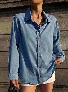 DAZY 秋季法式复古翻领侧扣设计宽松百搭长袖水洗牛仔衬衫、牛仔夹克、秋季女装 - 淺色水洗藍 - 查看 3