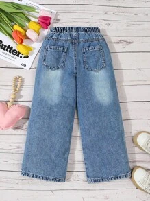 SHEIN Young Girls Y2K Style Jeans, New Fashionable White Heart Embroidered Vintage Medium Blue Washed Loose Straight Leg Denim Pants, Soft & Comfortable Material, Street Casual Versatile Wear, Girls Jeans Wide Leg Jeans