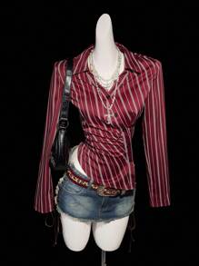 SHEIN ICON Women's Red Striped Oblique Placket Waist Ruched V-Neck Long Sleeve Casual Vacation Sexy Blouse Western Blouses