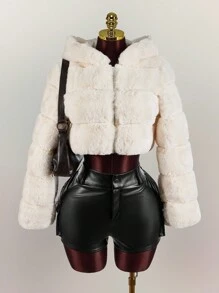 Amplova Women's Solid Color Cropped Hooded Faux Fur Jacket, Winter Faux Fur Coat,Fall - White - View 5