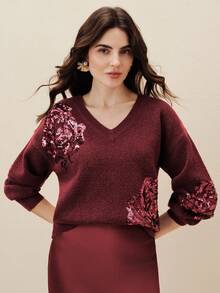 Anewsta French Elegant Dignified Floral Sequin Embroidered V-Neck Sweater - Burgundy - View 7