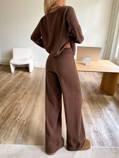 CovetEZ Women's Coffee Brown Autumn Casual Lounge Two Piece Set, Old Money Solid Round Neck Raglan Long Sleeve Sweater And Drawstring Waist Knit Pants Suit