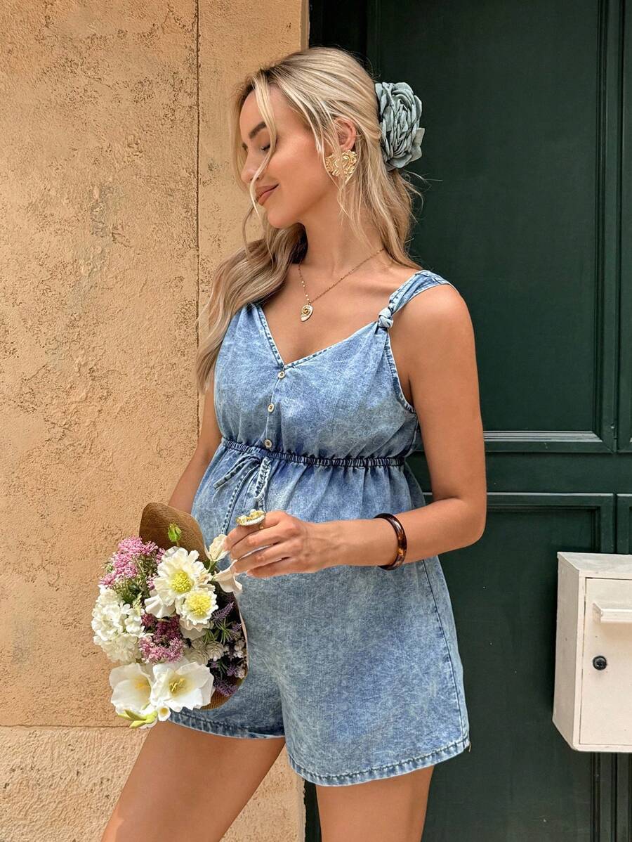 SHEIN Maternity Button Waist Tie Romper With Suspender Design, Spring/Autumn