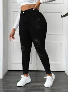 Slaydiva Pantalones Vaqueros Rotos Entallados Para Mujer De Talla Grande - Negro - Ver 3