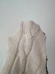 Elenzga Women's New Autumn/Winter V-Neck Long Sleeve Rope Floral Colorblock Butterfly Embroidery Cropped Chic Knit Pullover Top Fall Cloth For Women - Beige - View 7