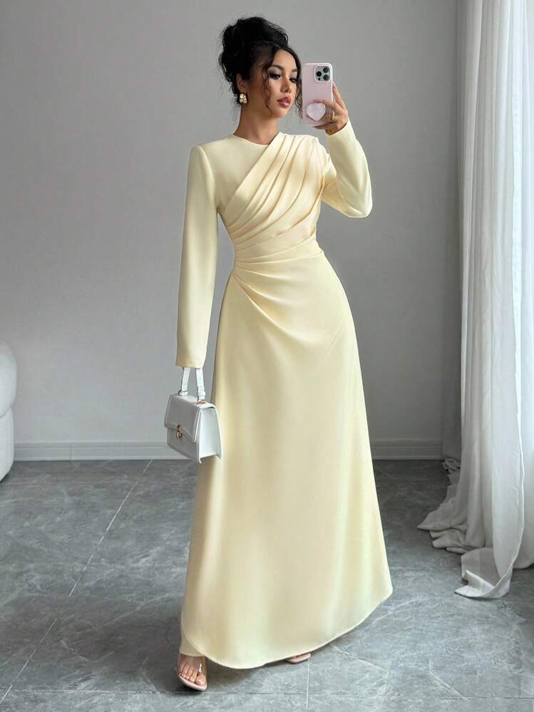 Elenzga فستان ماكسي أنيق للنساء بأكمام طويلة وياقة مستديرة وخصر منتفخ وطيات، لارتداء في المناسبات الرسمية والعمل والعطلات والحفلات والأسلوب الكلاسيكي، باللون الأصفر الفاتح - Butter Yellow - مشاهدة 6