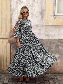 Brillora 女式梭织印花短袖长裙 - 黑色 - 查看 5