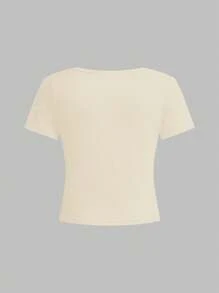 SHEIN Leap Crew 复古街头运动豹纹 98 号图案，青少年女孩修身休闲简约舒适圆领修身长袖 T 恤，适合夏季 - 彩色 - 查看 2