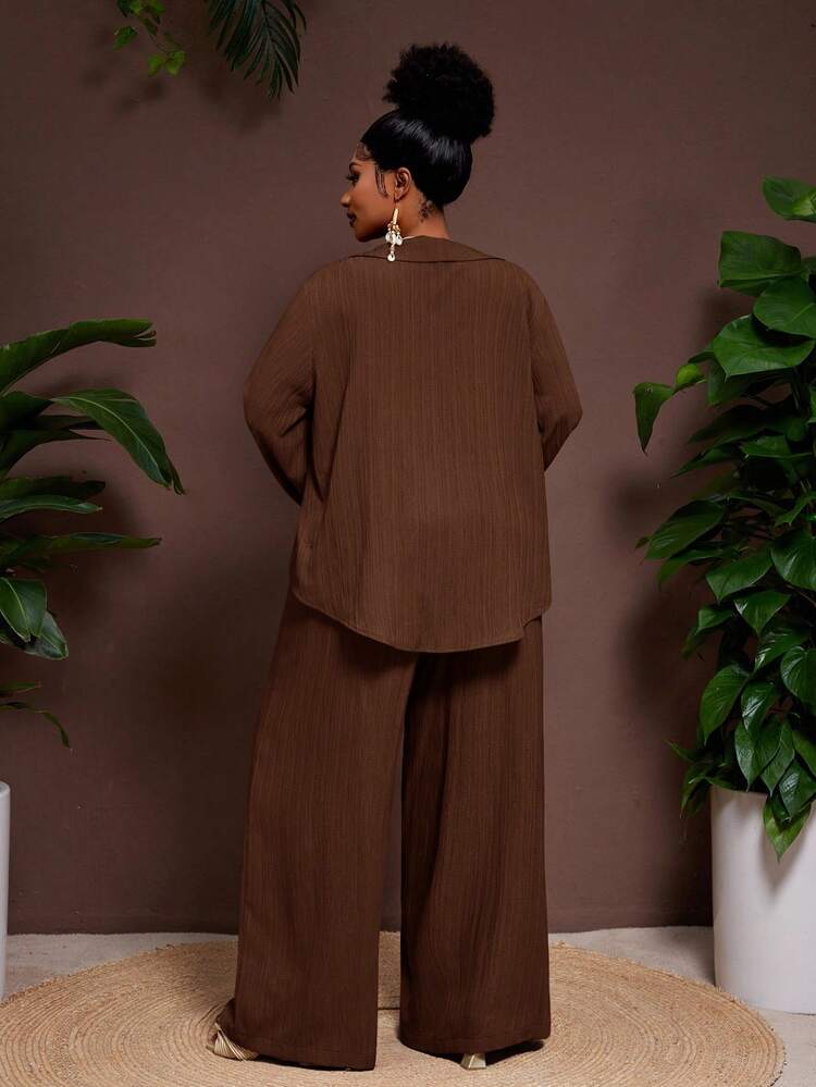 Veslaya 2025 New Spring/Fall Solid Color Jam Color V-Neck Solid Shirt With Flared Sleeves And Wide Leg Pants Set,Fall Clothes For Women - Brown - View 2