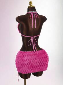 Amplova 女式性感毛茸茸吊带上衣和开衩迷你裙两件套 - 粉色 - 查看 8