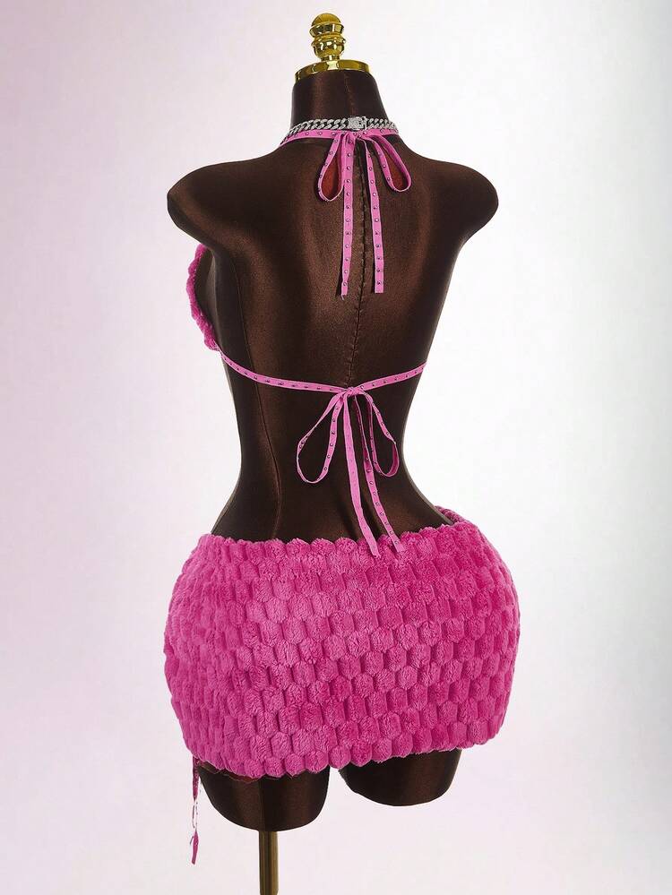 Amplova 女式性感毛茸茸吊带上衣和开衩迷你裙两件套 - 粉色 - 查看 8