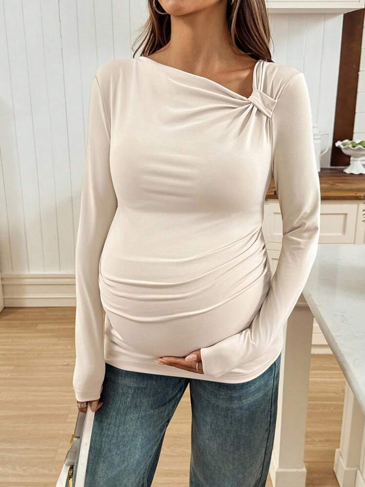 SHEIN Áo thun dài tay ôm vai màu trơn đơn giản dành cho bà bầu - Màu be - Xem 1