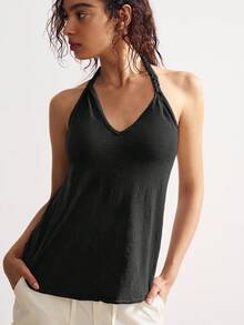 Bohemela Damen Lässig einfarbiges Strick Loose Fit Tank Top, Damen Tank Tops Sommer, Damen Boho Tank Top, Damen Trägertops - Schwarz - Übersicht 5