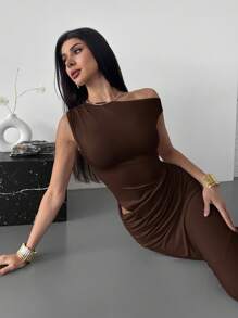 Firerie Women's Elegant Minimalist Sexy Fashionable Outdoor, Vacation, Music Festival Ruched Asymmetric Shoulder Tight Dress, Apricot Color Formal Dresses For Wedding Guest,Wedding Guest Dress,Prom Dress