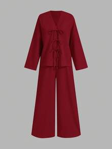 Firerie Women's Casual Elegant Vacation Fashion Front Tie Loose Shirt And High Waist Elastic Loose Pants 2 Pieces Set