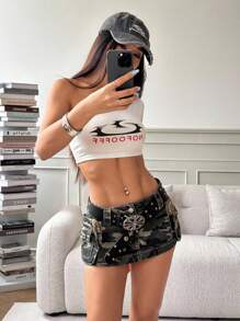 SHEIN PETITE Women's Casual Camouflage Print Denim Mini Skirt