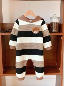 SHEIN 新生儿男女宝宝可爱秋冬休闲条纹卡通熊图案连帽抓绒连体衣，卡其色条纹婴儿服装，新生儿男女宝宝冬季服装，男宝宝服装，熊条纹男宝宝套装，男宝宝连帽连体衣 - 彩色 - 查看 8
