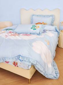 SHEIN X Care Bears 3pc Cute Cartoon Bear & Rainbow Print Ruffle Trim Bedding Set,Suitable For Single Bed/Double Bed/Queen Bed/King Bed, Dormitory/Home - Blue - View 5