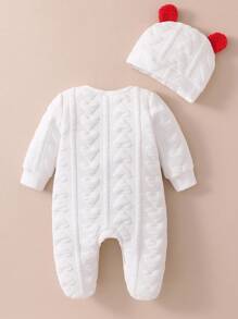 女婴冬季绗缝心形图案长袖连体衣（带帽子）连体睡衣套装 - 紅白色 - 查看 2